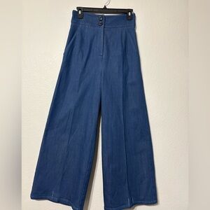 Meg Denim Blue Trousers/Palazzo Wide Leg, Ultra High Rise. Adj. Ankle, Pockets.